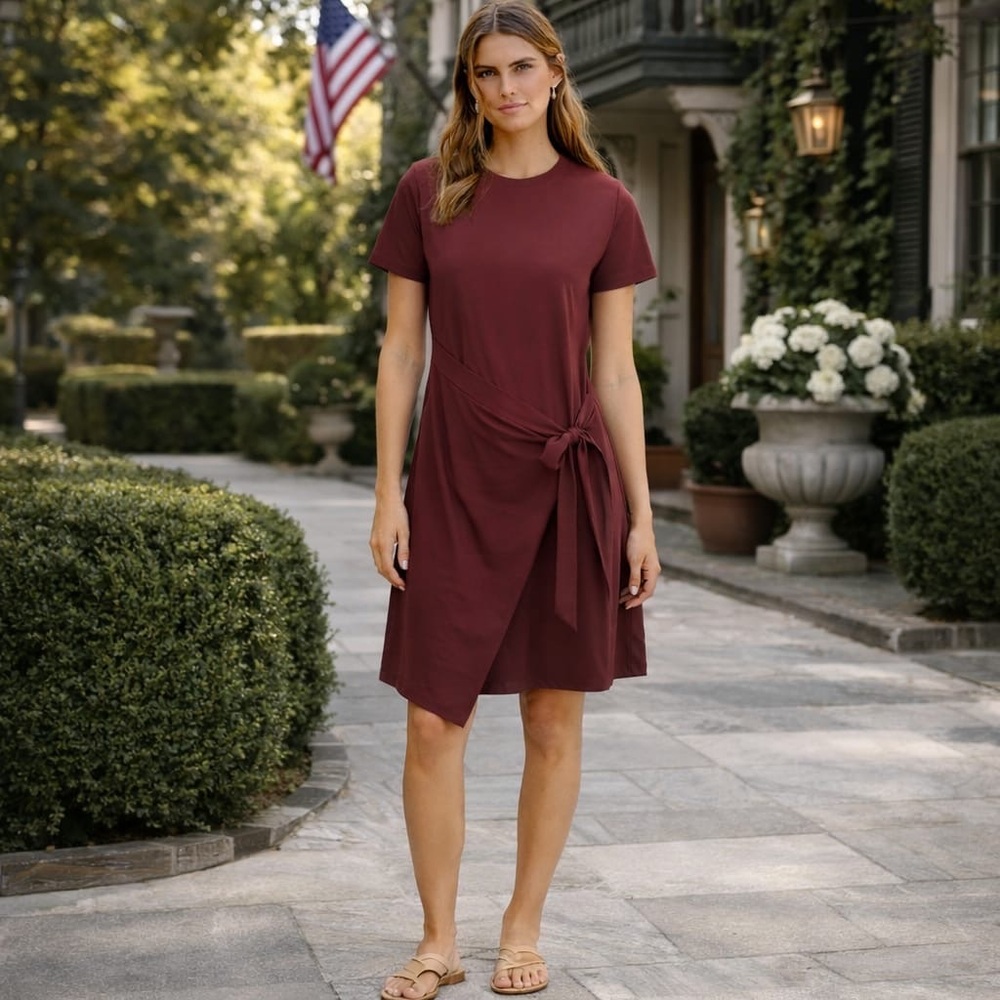 DOLAN Anthropologie Draped Mini Dress SMALL Tie Waist Cotton Burgundy T-Shirt - Picture 3 of 11